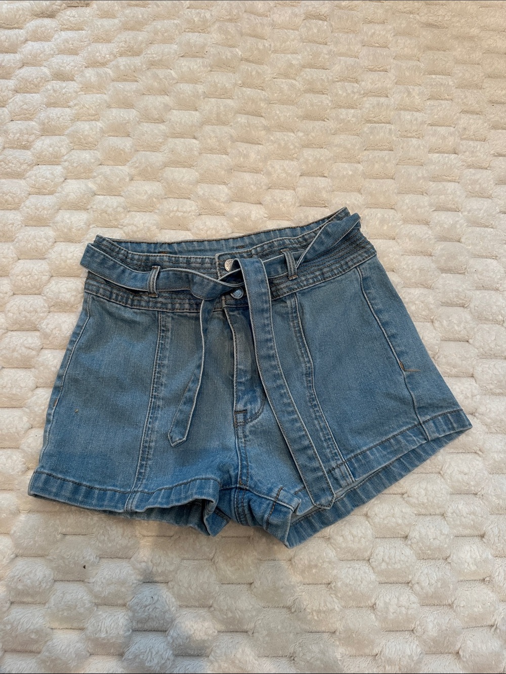 High-Waist Blue Denim Paperbag Shorts with Waist Tie